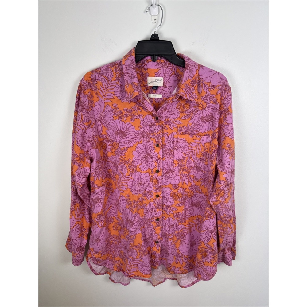 Universal Thread Pink Floral Button Up Linen Blend Relaxed Fit Breezy Beach XL